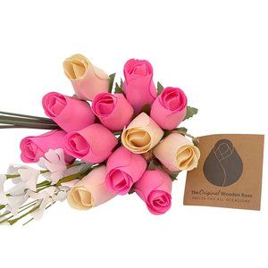 1 Dozen It's A Girl Light Pink and White The Original Wooden Rose Flower Bouquet